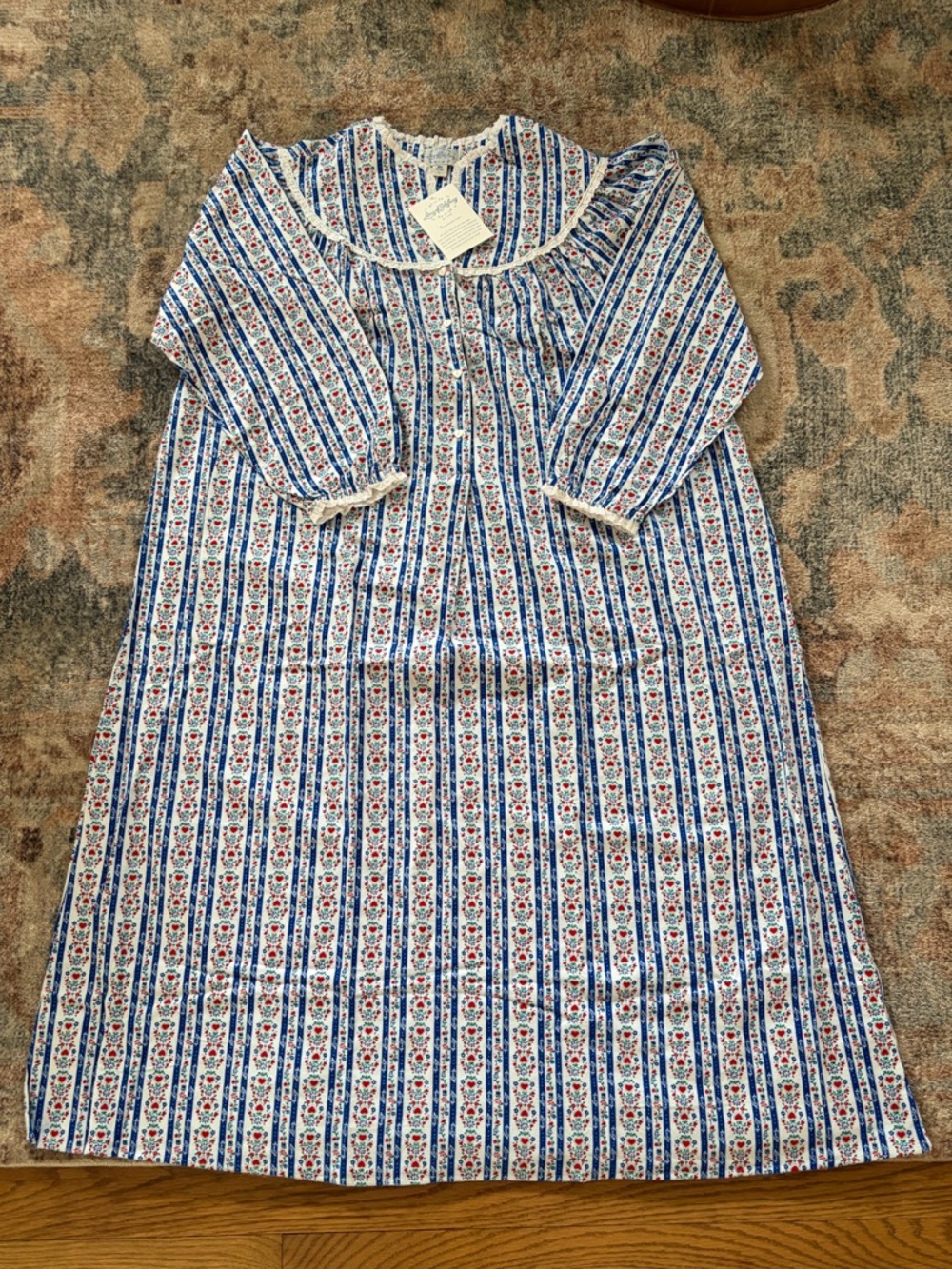 NWT Lanz of Salzburg Flannel Tyrollean Print Nightgown Blue Red Lace large